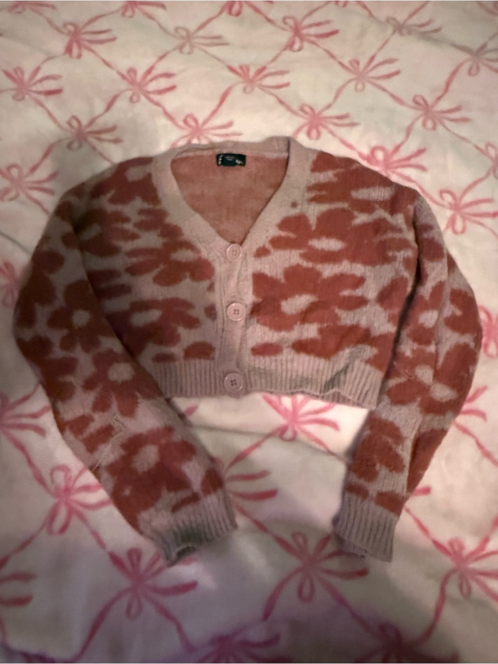 art class Pink & Rust Cropped V-Neck Button Cardigan